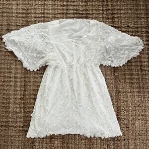 Rocks & Indigo White 3D Floral Embroidered Mini Dress Tunic Cover Up XL Boho